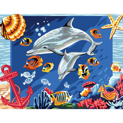 Canevas Pénélope Fond marin de la marque Luc Créations illustrant un fond marin avec des dauphins, poissons, étoile de mer et ancre
