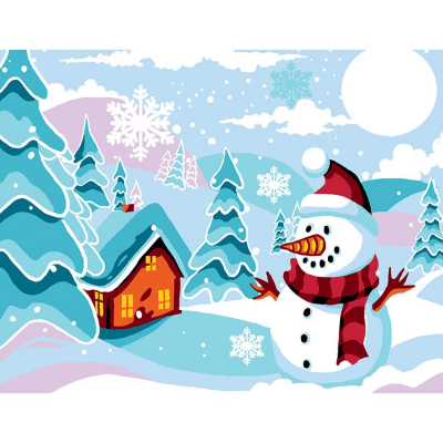 Canevas Pénélope Hiver magique de la marque Luc Créations illustrant un paysage d'hiver enneigé, un bonhomme de neige avec écharpe et bonnet rouge 