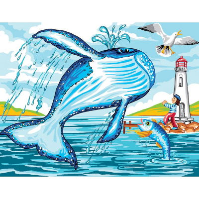Canevas Pénélope Madeleine la baleine de la marque Luc Créations illustrant une baleine près d'un phare