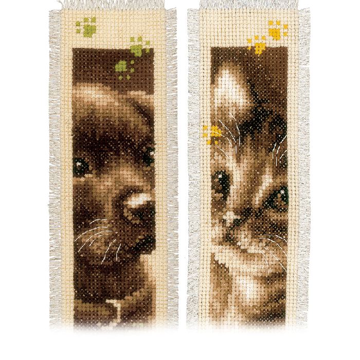 2 marque-page chat et chien - Kit point de croix - Vervaco
