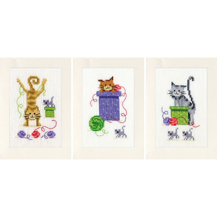 3 cartes à broder chats ludiques - Kit point de croix compté - Vervaco