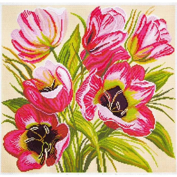 Tulipes roses - Kit point de croix toile colorée - Collection d'Art