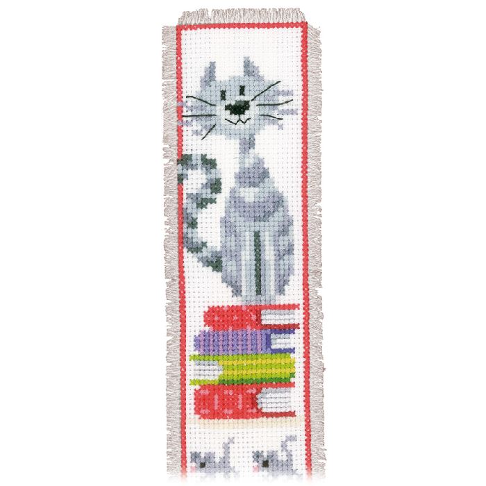 Marque-page à broder chat sur pile de livres - Kit point de croix - Vervaco