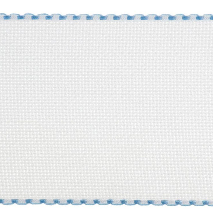 Galon à broder largeur 10 cm aïda 5 blanche - liseré bleu - Zweigart