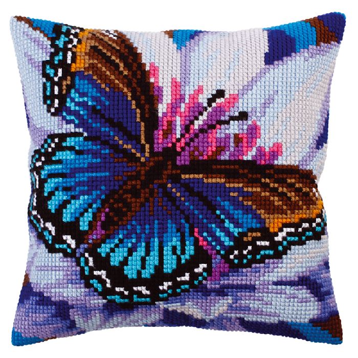 Kit coussin gros trous point de croix - Papillon bleu sur fleur mauve - Collection d'Art