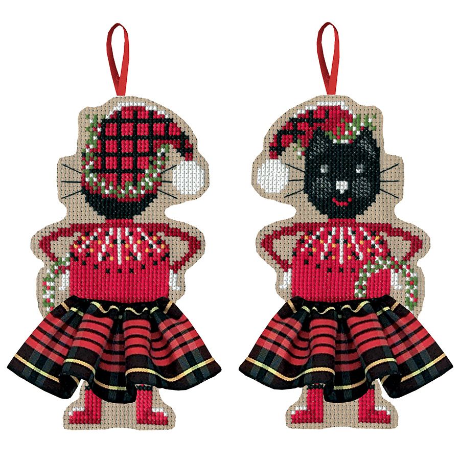 Suspension décorative à broder Chat noir jupette écossaise - Kit point de croix - Le Bonheur des Dames
