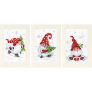 3 cartes à broder Gnomes de Noël dans la neige - Kit point de croix compté - Vervaco