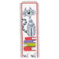 Marque-page à broder chat sur pile de livres - Kit point de croix - Vervaco