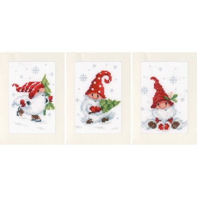 3 cartes à broder Gnomes de Noël dans la neige Kit point de croix compté Vervaco
