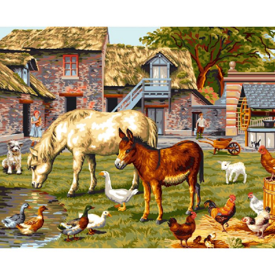 Canevas La ferme au cheval, âne, poule, chèvre, vache, coq, canard, oie, agneau