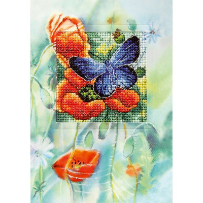 Kit point de croix carte de vœux à broder papillon sur coquelicot