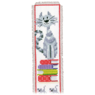 Marque-page à broder chat sur pile de livres au point de croix point compté 
