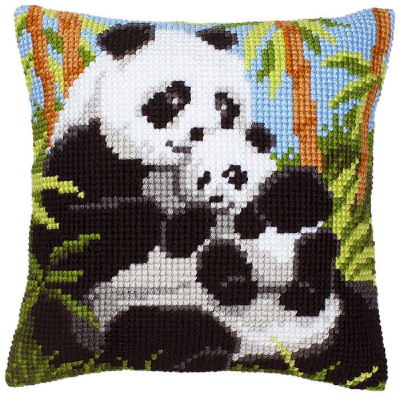 Coussin canevas gros trous Famille de pandas