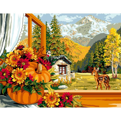 Canevas L automne à la fenêtre Luc Création biche fleur montagne chalet