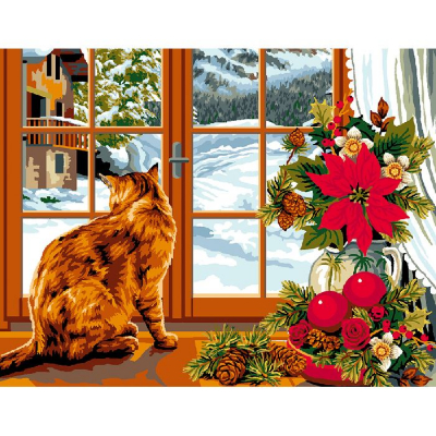 Canevas L hiver à la fenêtre Luc Création chat fleur neige