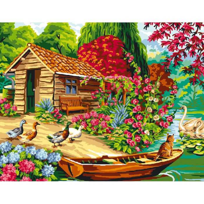Canevas La cabane du pêcheur Luc Création rivière chat cygne canard fleur maison oie