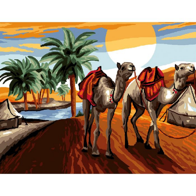 Canevas Oasis chameaux désert sahara palmier Luc Création