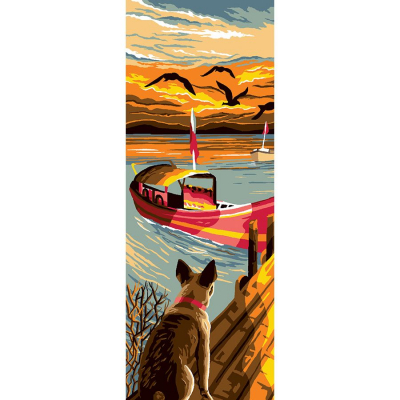 Kit Canevas Pénélope motif A l'affût de la marque Luc Créations illustrant un chien au port, sous un coucher de soleil
