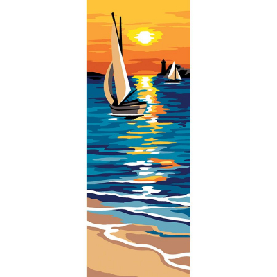 Kit Canevas Pénélope motif Au large de la marque Margot de Paris illustrant un coucher de soleil sur une plage
