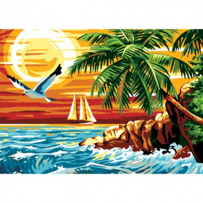 Kit Canevas Pénélope motif Au paradis de la marque Luc Créations illustrant un coucher de soleil au dessus d'une mer agitée, des palmers et volier au large d'une île
