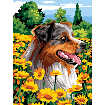 Kit Canevas Pénélope motif Bain de fleurs de la marque SEG de Paris illustrant un chien dans un champ de fleurs jaunes