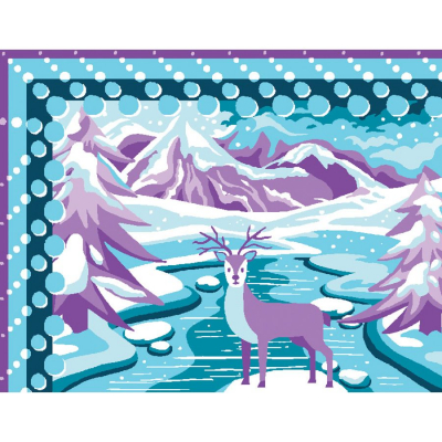 Kit Canevas Pénélope motif Bleu et mauve de la marque Luc Créations illustrant un cerf dans un paysage hivernal enneigé 
