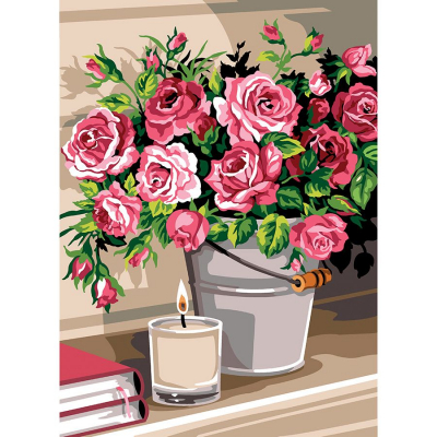Kit Canevas Pénélope motif Bouquet vintage de la marque SEG de Paris illustrant un seau rempli de roses