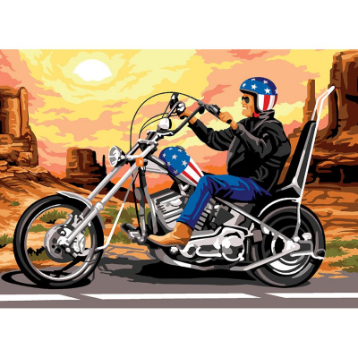 Kit Canevas Pénélope motif Canyon Harley de la marque SEG de Paris illustrant un motard sur une harley davidson dans le désert américain