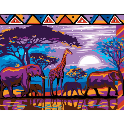 Kit Canevas Pénélope motif Couleurs d'Afrique de la marque Luc Créations illustrant une girafe et des éléphants sous un coucher de soleil 