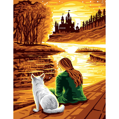 Kit Canevas Pénélope motif Dans mes rêves de la marque Luc Créations illustrant une scène d'automne, d'un chien et une femme au bord d'une rivière menant à un château 