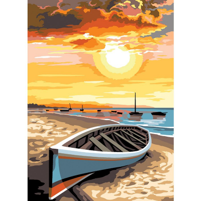 Kit Canevas Pénélope motif Echouage de la marque SEG de Paris illustrant une barque sur le sable de la plage, sous un coucher de soleil