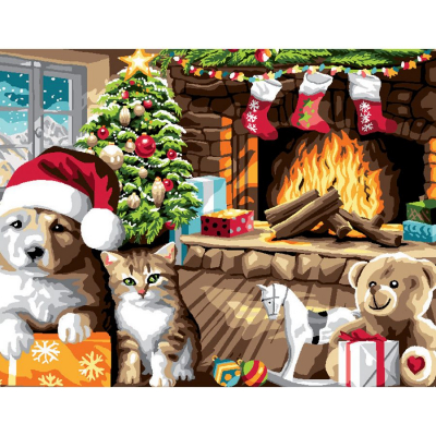 Kit Canevas Pénélope motif En attendant Noël de la marque Luc Créations illustrant une scène esprit fêtes de noël, d'un chien, un chat près d'une cheminée ornée de cadeaux et de guirlades