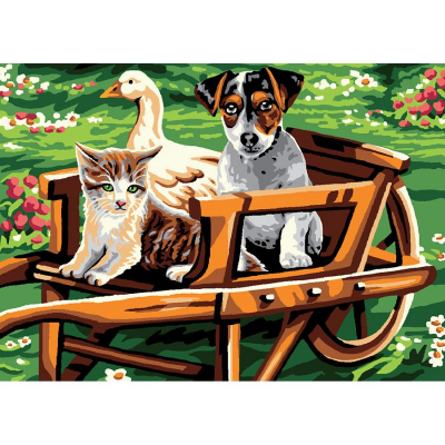 Kit Canevas Pénélope motif En route ! de la marque Luc Créations illustrant un chien, un chat et une oie dans une brouette