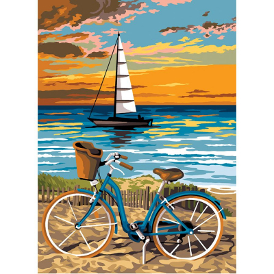 Kit Canevas Pénélope motif Entre sable et mer de la marque SEG de Paris illustrant un voilier une bicyclette bleue à la plage