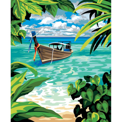 Kit Canevas Pénélope motif Escale verte de la marque Margot de Paris illustrant un bateau au bord de la plage