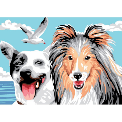 Kit Canevas Pénélope motif Fidèles amis de la marque Luc Créations illustrant deux chiens à la plage
