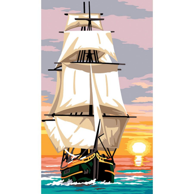 Kit Canevas Pénélope motif Gréement de la marque SEG de Paris illustrant un voilier en mer avec un coucher de soleil
