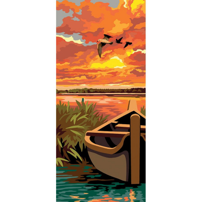 Kit Canevas Pénélope motif L'étang de la marque SEG de Paris illustrant une barque dans un étang sous un coucher de soleil