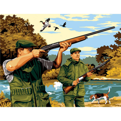 Kit Canevas Pénélope motif La chasse de la marque SEG de Paris illustrant deux chasseurs et leur chien au bord d'un étang