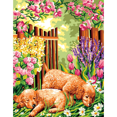 Kit Canevas Pénélope motif La sieste de la marque Luc Créations illustrant deux chiens dormant dans un paysage fleuri 