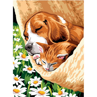 Kit Canevas Pénélope motif La sieste de la marque Margot de Paris illustrant un chien et un chat dormant dans un hamac