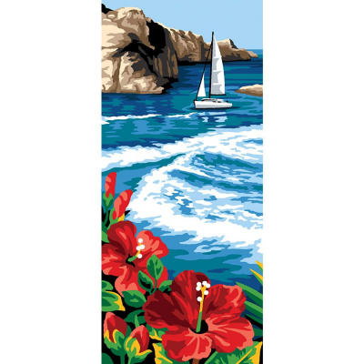 Kit Canevas Pénélope motif La vague de la marque SEG de Paris illustrant un voilier en mer, près d'un rocher côtier
