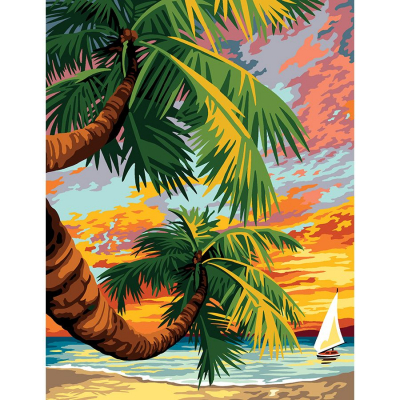 Kit Canevas Pénélope motif Le coucher des palmiers de la marque Margot de Paris illustrant un coucher de soleil sur une plage des iles