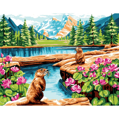 Kit Canevas Pénélope motif Le lac de la marque Luc Créations illustrant deux marmottes près d'un lac 