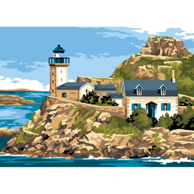 Kit Canevas Pénélope motif Les roches de Bretagne de la marque SEG de Paris illustrant un phare et une maison bleue sur un rocher