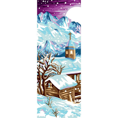 Canevas Pénélope Montagne de la marque Luc Créations illustrant un paysage hivernal avec une eglise et chalets sous la neige dans les montagnes