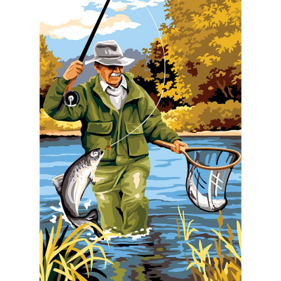 Kit Canevas Pénélope motif pêche de la marque SEG de Paris, illustrant la pêche à la truite dans un étang