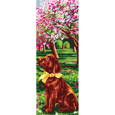 Canevas Pénélope Praline de la marque Luc Créations illustrant une chiennne sous un arbre fleuri