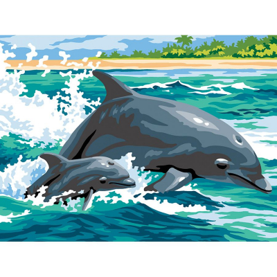 Kit Canevas Pénélope motif Première nage de la marque SEG de Paris illustrant des dauphins