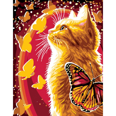 Kit Canevas Pénélope motif Rêverie de la marque Luc Créations illustrant un chat roux et des papillons 